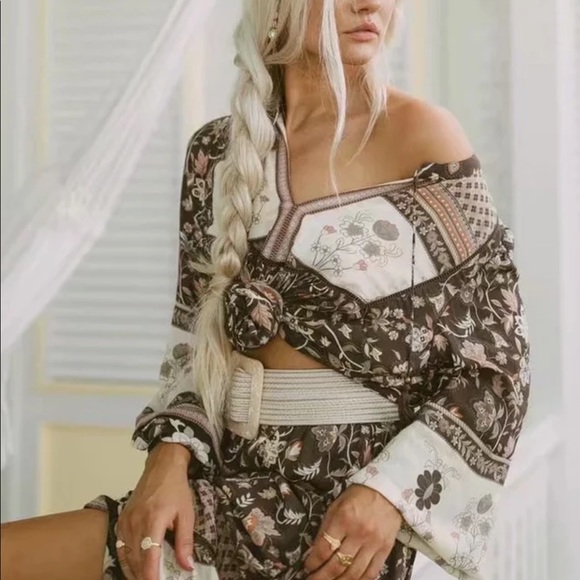 Fall Boho Gypsy Floral Print Peasant Blouse Tan - Picture 2 of 9